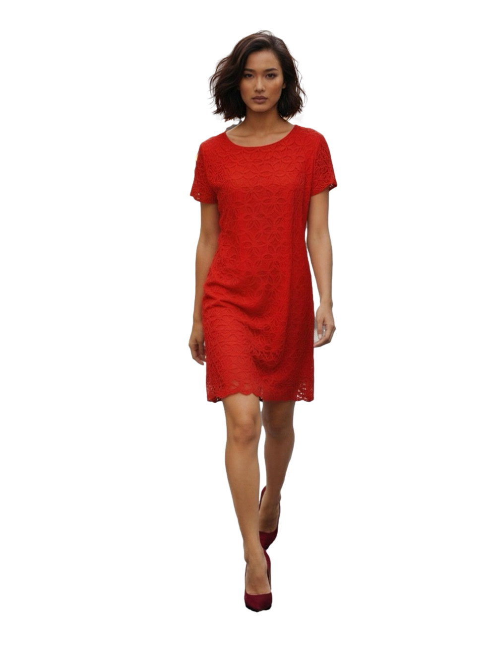 Chaus Red Short Sleeve Lacy Dress